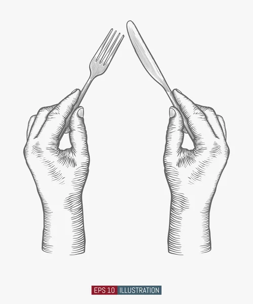 Hand Gezogene Hände Die Gabel Und Messer Halten Gravierte Vektor — Stockvektor