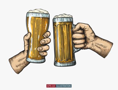 Bira bardağını tutarken. İşlemeli stil. El çizimi vektör illüstrasyonu.