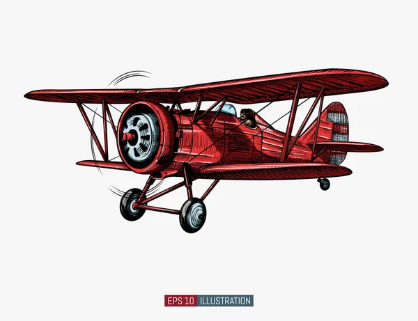 Avião Retro Desenhado Mão Biplano Vintage Realista Isolado Ilustração Vetorial — Vetor de Stock
