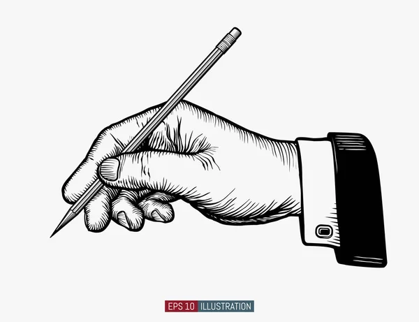 Hand drawn hands holding pencil. Template for your design works. Engraved style vector illustrations set.