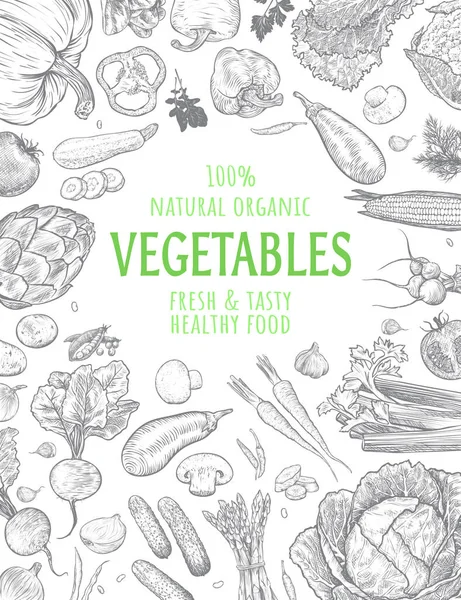 Diseño Tarjetas Mercado Del Agricultor Set Verduras Frescas Dibujadas Mano — Vector de stock