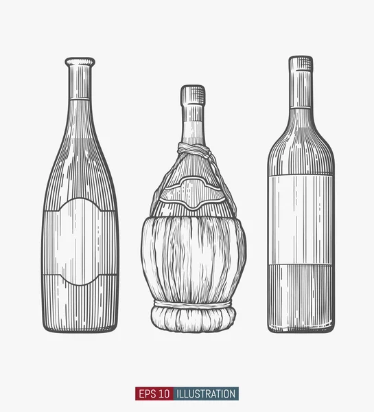 Bouteilles Vin Dessinées Main Illustration Vectorielle Style Gravé Modèle Pour — Image vectorielle