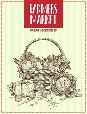 Hasır sepetin içinde taze sebzeler. Tasarımının şablonu işe yarıyor. İşlenmiş biçim vektör illüstrasyonu.