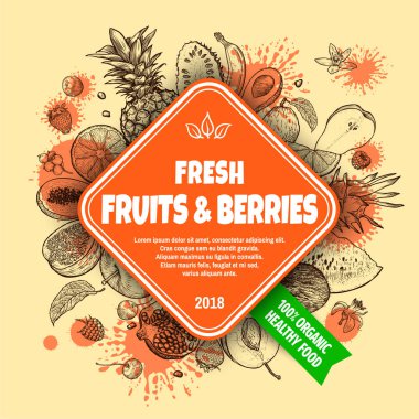 Taze meyve ve böğürtlen pankartı. El yapımı taze meyve ve böğürtlen seti. Tasarımının şablonu işe yarıyor. İşlenmiş biçim vektör illüstrasyonu.