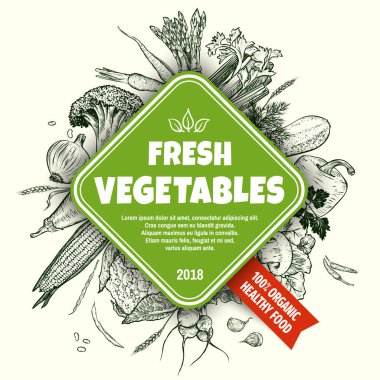 Taze sebze bayrağı konsepti. El yapımı sebzeler. Tasarımının şablonu işe yarıyor. Vektör illüstrasyonu.