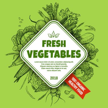 Taze sebze bayrağı konsepti. El yapımı sebzeler. Tasarımının şablonu işe yarıyor. Vektör illüstrasyonu.