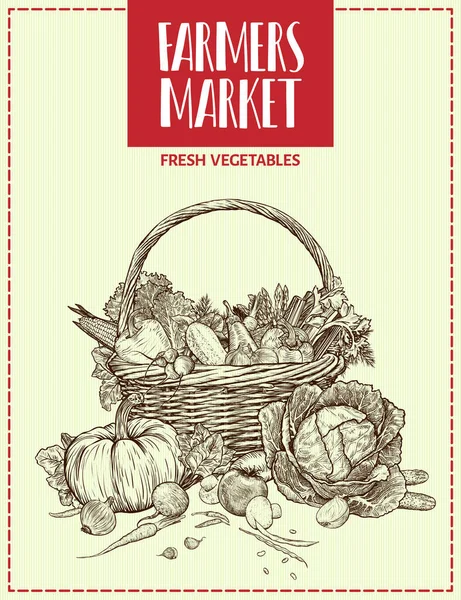 Hasır sepetin içinde taze sebzeler. Tasarımının şablonu işe yarıyor. İşlenmiş biçim vektör illüstrasyonu.