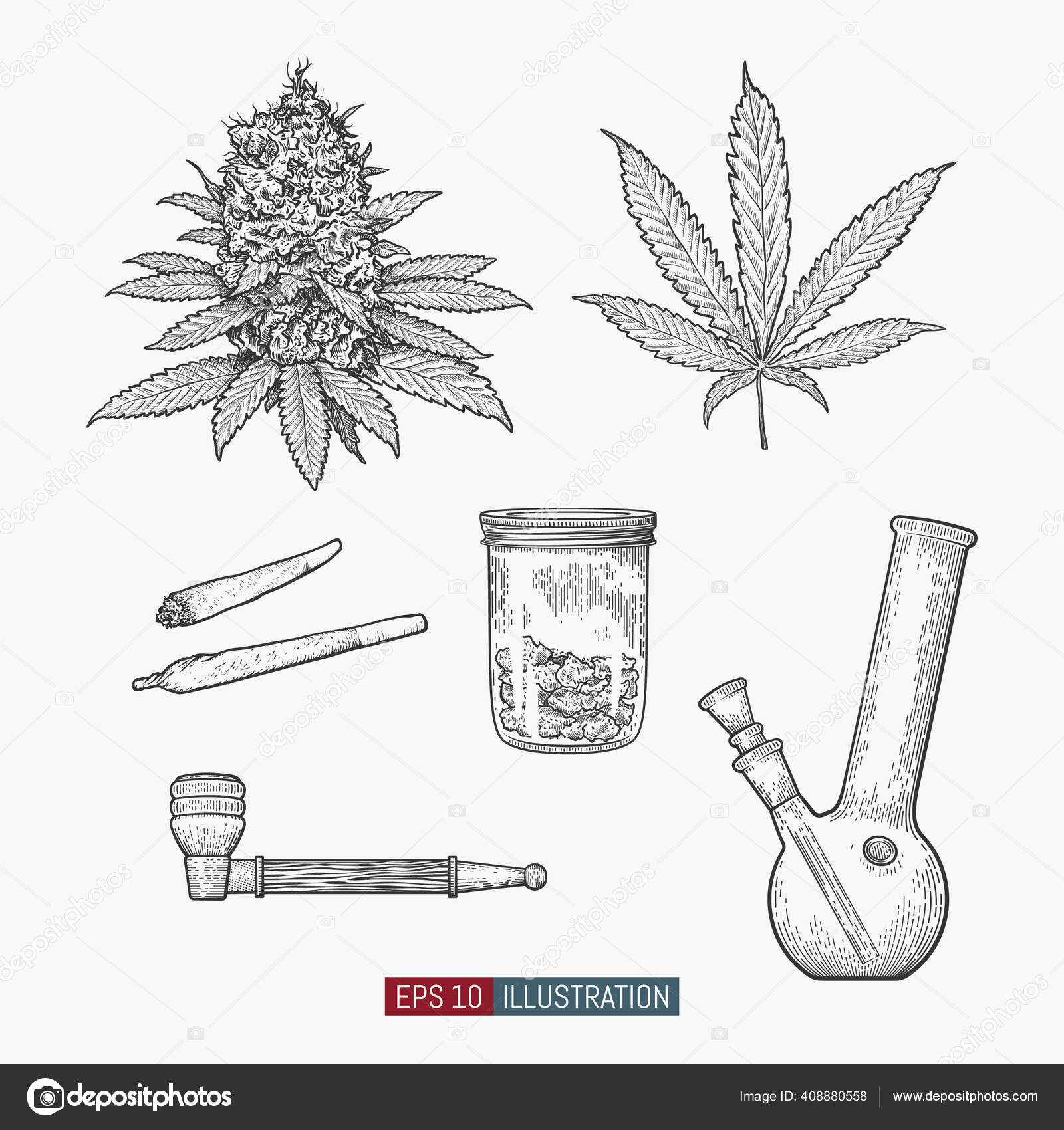 Hand drawn marijuana set. Leaves and buds. Jar, bong, pipe and cigarettes  isolated. Template for your design works. Engraved style vector  illustration.