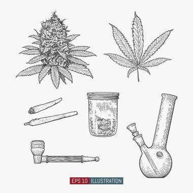 El yapımı marihuana seti. Yapraklar ve tomurcuklar. Kavanoz, nargile, pipo ve sigara izole edilmiş. Tasarımının şablonu işe yarıyor. İşlenmiş biçim vektör illüstrasyonu.