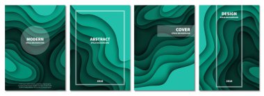 Bir dizi soyut 3 boyutlu arka plan. Kağıt kesiği şekiller. Pankart, broşür, kitap kapağı, kitapçık tasarımı için şablon. Vektör illüstrasyonu.