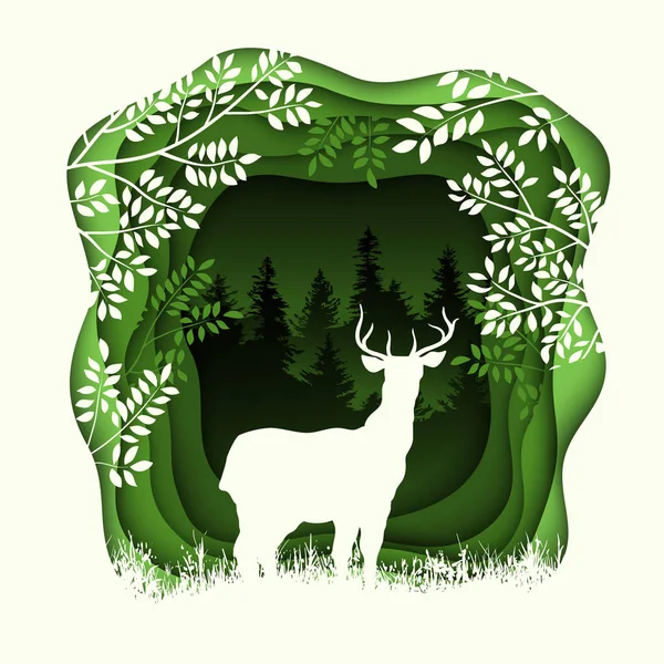 森の荒野の風景 鹿のシルエット 概要3D背景 切り紙の形 デザイン作品のテンプレート ベクターイラスト — ストックベクタ