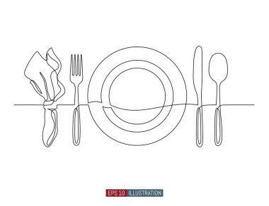 Tabak, peçete, çatal, kaşık ve bıçak çizimleri devam ediyor. Tasarımın için şablon. Vektör illüstrasyonu.