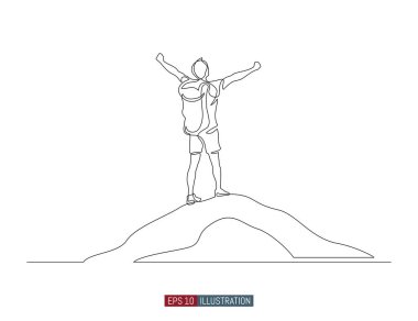 Continuous line drawing of winner man on mountain peak. Climber on mountain top silhouette. Victory symbol. Template for your design works. Vector illustration. vector