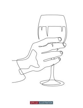 Şarap kadehini tutarken durmaksızın çizilen çizgiler. Tasarımın için şablon. Vektör illüstrasyonu.