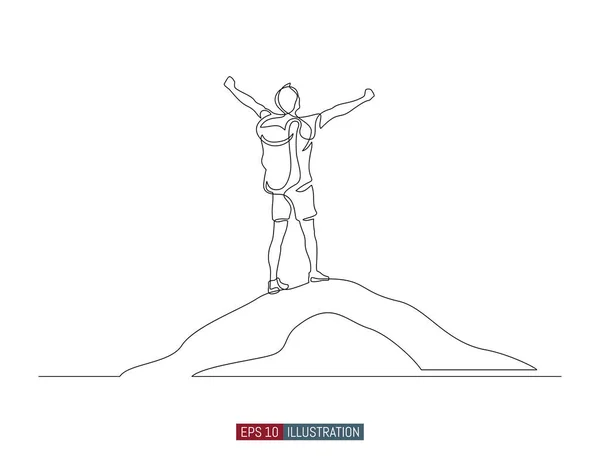 Desenho Linha Contínua Homem Vencedor Pico Montanha Escalador Silhueta Topo — Vetor de Stock