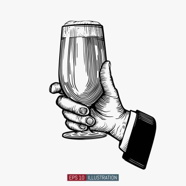 Bira bardağını tutarken. İşlemeli stil. Ekim Festivali sembolü. Bira festivali amblemi. El çizimi vektör çizimi. Yuor tasarımı için şablon çalışıyor.