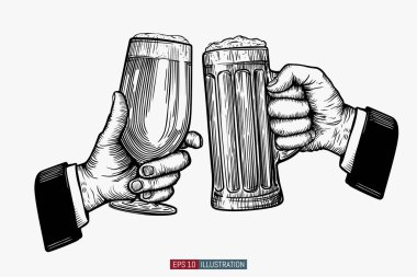 Bira bardağını tutarken. İşlemeli stil. Ekim Festivali sembolü. Bira festivali amblemi. El çizimi vektör çizimi. Yuor tasarımı için şablon çalışıyor.