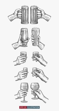 Kadehleri tutan bir çift el. Tasarımının şablonu işe yarıyor. İşlenmiş biçim vektör illüstrasyonu.