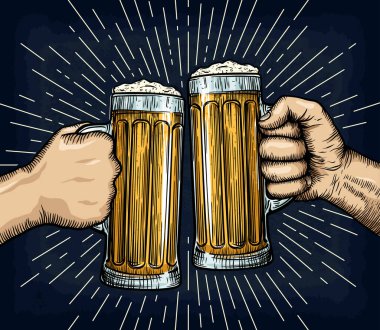 El ele tutuşup bira bardaklarını tokuşturmak. Ekim Festivali afiş tasarımı. İşlemeli stil. El çizimi vektör illüstrasyonu.