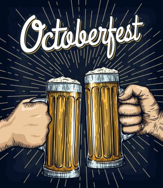 El ele tutuşup bira bardaklarını tokuşturmak. Ekim Festivali afiş tasarımı. İşlemeli stil. El çizimi vektör illüstrasyonu.