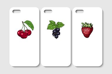 Telefon kılıfı tasarımı. Soyut meyve ve böğürtlen arka planı. Vektör illüstrasyonu.