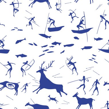 Eski çalı adamlar avlanıyor. Soyut arkaplan. Kusursuz desen. Tasarımının şablonu işe yarıyor. Vektör illüstrasyonu.