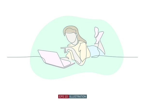 女の子の連続線画ノートパソコンに横たわっている デザイン作品のテンプレート ベクターイラスト — ストックベクタ