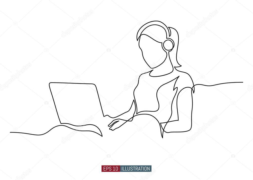 Continuous line drawing of girl with laptop. Template for your design works. Vector illustration.