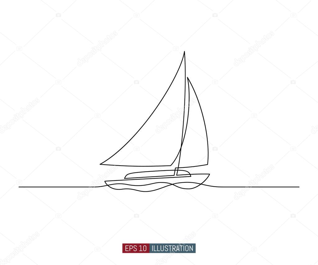 Continuous line drawing of yacht. Abstract sailing vessel silhouette. Template for your design works. Vector illustration.