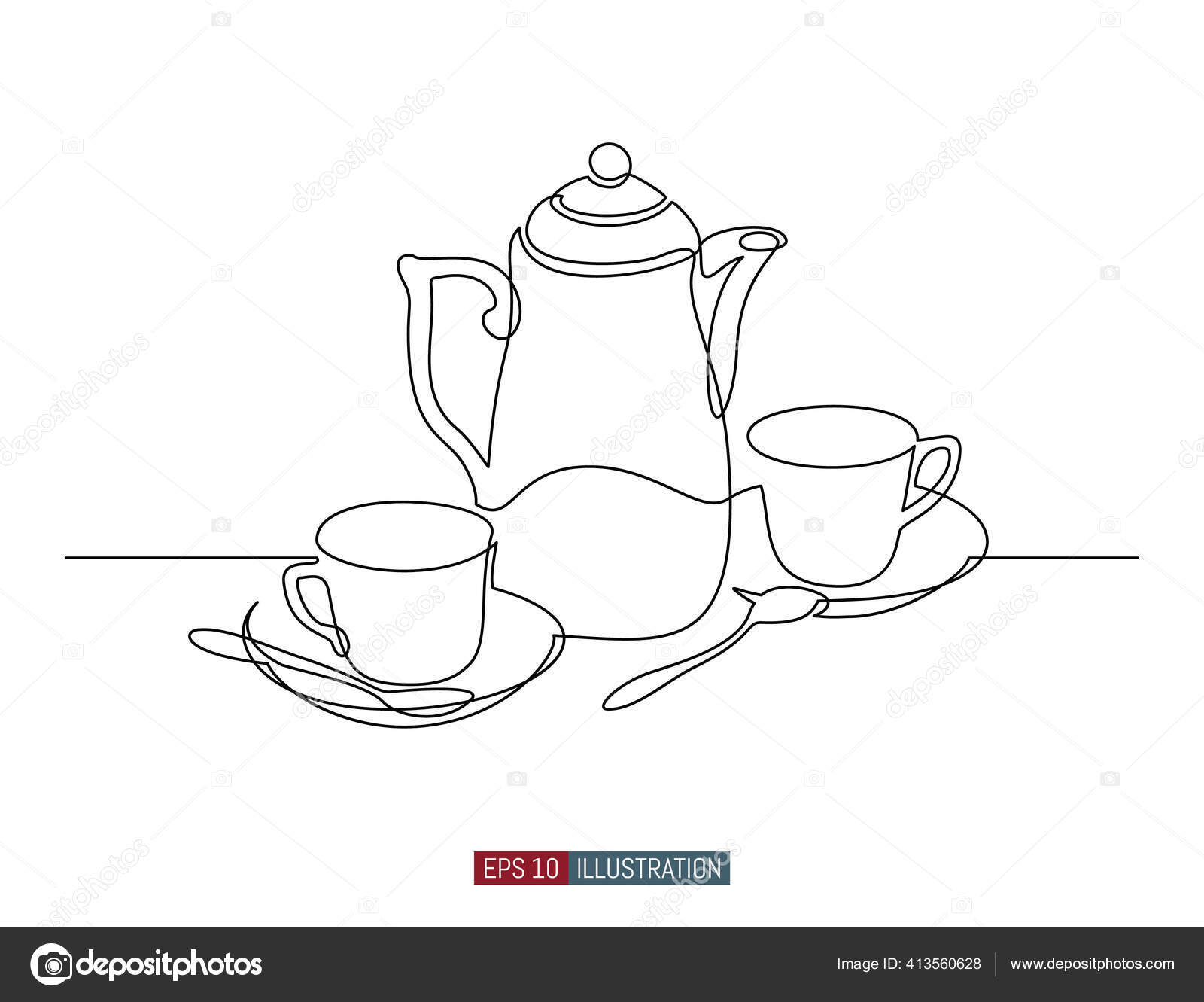 Continuous Line Drawing Tea Set Template Your Design Works Vector Stock