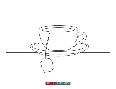 Sürekli bir fincan çay çizgisi. Tasarımının şablonu işe yarıyor. Vektör illüstrasyonu.