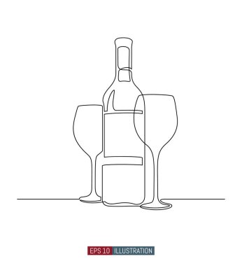 Şarap şişesi ve bardak çizimleri devam ediyor. Tasarımının şablonu işe yarıyor. Vektör illüstrasyonu.