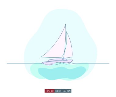 Yatın durmaksızın çizilmesi. Soyut yelkenli silueti. Tasarımının şablonu işe yarıyor. Vektör illüstrasyonu.