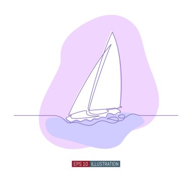 Yatın durmaksızın çizilmesi. Soyut yelkenli silueti. Tasarımının şablonu işe yarıyor. Vektör illüstrasyonu.