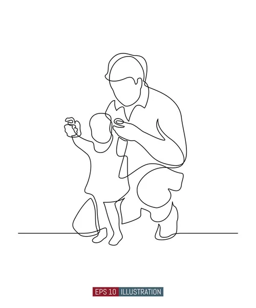 Безперервний Малюнок Батька Допомагає Доньці Зробити Перший Крок Шаблон Ваших — стоковий вектор