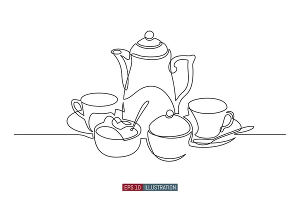 Continuous Line Drawing Tea Set Template Your Design Works Vector — Stock Vector