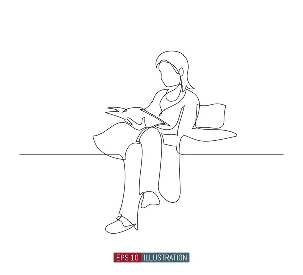 Continuous line drawing of girl with a book in the armchair. Template for your design works. Vector illustration. — Stock Illustration Continuous Line Drawing Girl Book Armchair Template Your Design Works Royalty Free Stock Vectors