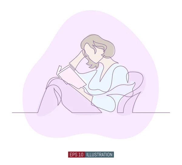 Continuous line drawing of girl with a book in the armchair. Template for your design works. Vector illustration. — Stock Illustration Continuous Line Drawing Girl Book Armchair Template Your Design Works Stock Vector