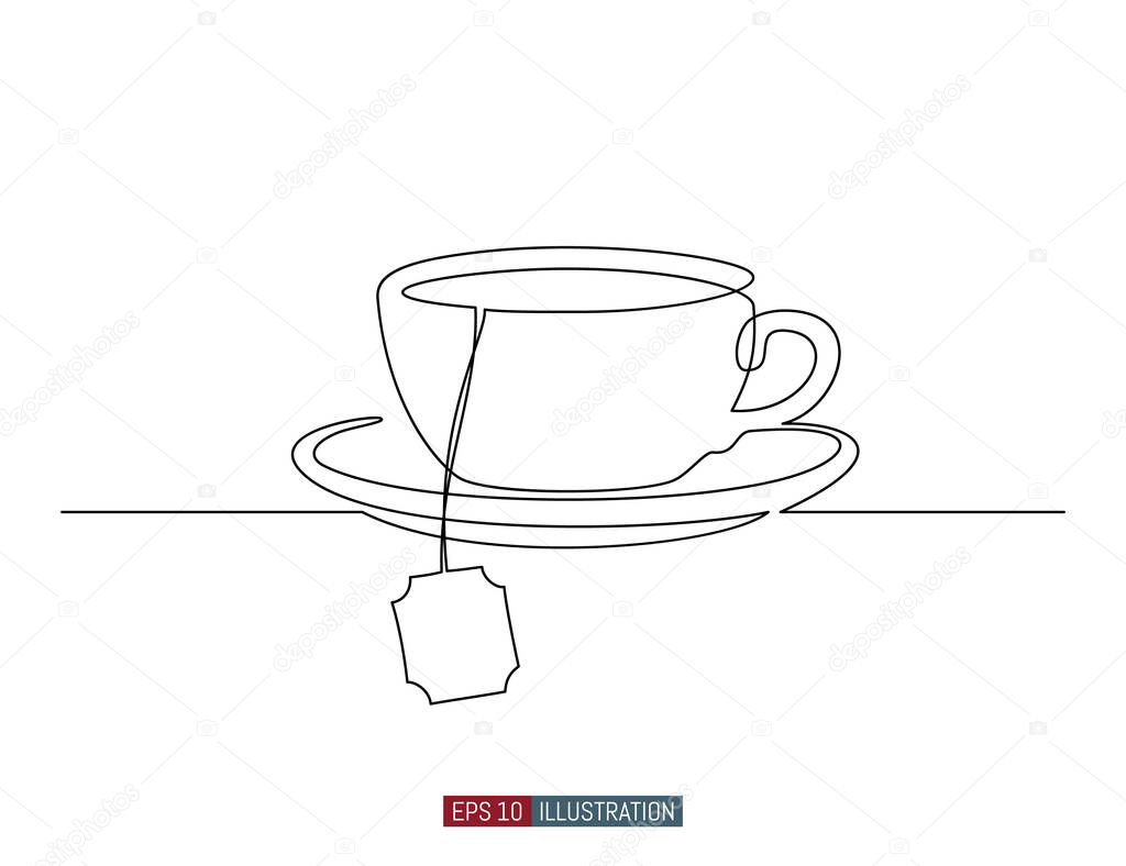 Continuous line drawing of cup of tea. Template for your design works. Vector illustration.