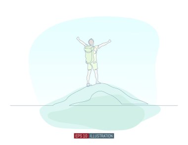 Dağ zirvesinde kazanan adamın durmaksızın çizdiği çizgi. Dağın tepesindeki siluete tırman. Zafer sembolü. Tasarımının şablonu işe yarıyor. Vektör illüstrasyonu.