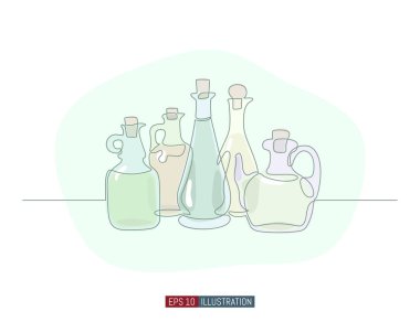 Devamlı zeytinyağı şişesi çizimi. Tasarımının şablonu işe yarıyor. Vektör illüstrasyonu.