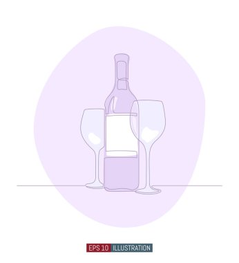 Şarap şişesi ve bardak çizimleri devam ediyor. Tasarımının şablonu işe yarıyor. Vektör illüstrasyonu.