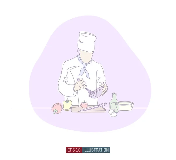 连续画线的手绘厨师准备食物 厨房模板中的场景为您的设计 矢量说明 — 图库矢量图片