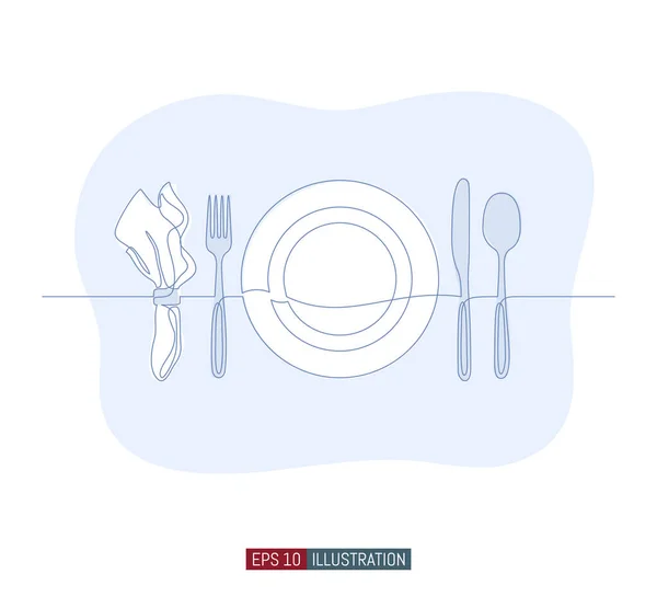 Dessin Trait Continu Plaque Serviette Fourchette Cuillère Couteau Dessinés Main — Image vectorielle