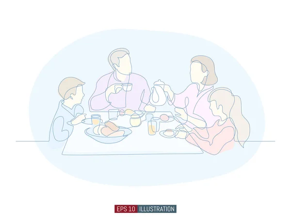 Ciągły Rysunek Linii Rodzinnego Śniadania Szablon Prac Projektowych Ilustracja Wektora — Wektor stockowy