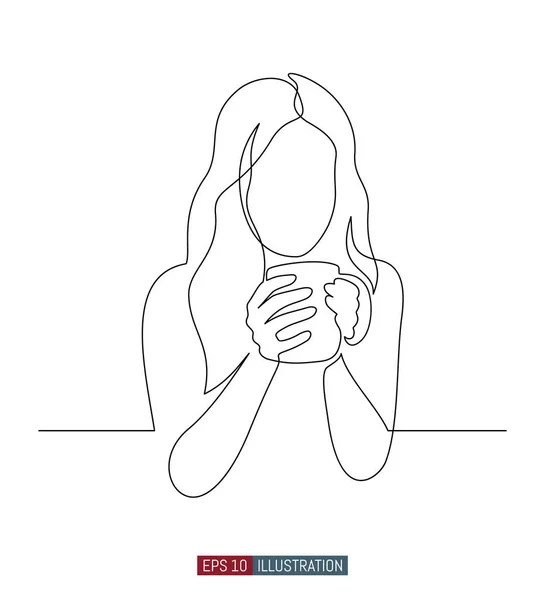 Ciągły Rysunek Linii Dziewczyny Filiżanką Kawy Szablon Prac Projektowych Ilustracja — Wektor stockowy