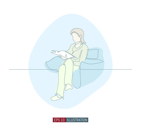 Continuous line drawing of girl with a book in the armchair. Template for your design works. Vector illustration. — Stock Illustration Continuous Line Drawing Girl Book Armchair Template Your Design Works Vector Graphics