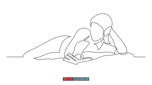 Continuous line drawing of girl lying with a book. Template for your design works. Vector illustration. — Stock Illustration Continuous Line Drawing Girl Lying Book Template Your Design Works Royalty Free Stock Vectors