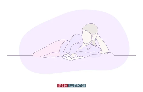Continuous line drawing of girl lying with a book. Template for your design works. Vector illustration. — Stock Illustration Continuous Line Drawing Girl Lying Book Template Your Design Works Stock Vector