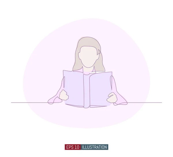 Continuous line drawing of girl reading a book. Template for your design works. Vector illustration. — Stock Illustration Continuous Line Drawing Girl Reading Book Template Your Design Works Royalty Free Stock Vectors